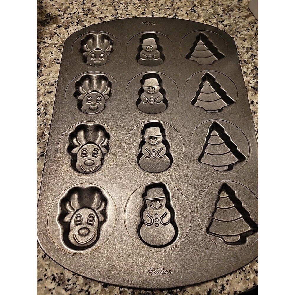 Wilton Christmas Cookies Sheet 12 Cavity Snowman, Reindeer, X-mas Tree Used